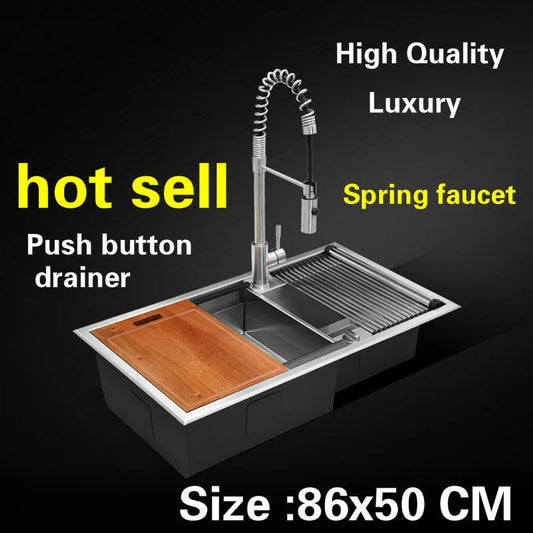 Free shipping Apartment big wash vegetables kitchen manual sink double groove push button drainer 304 stainless steel 86x50 CM