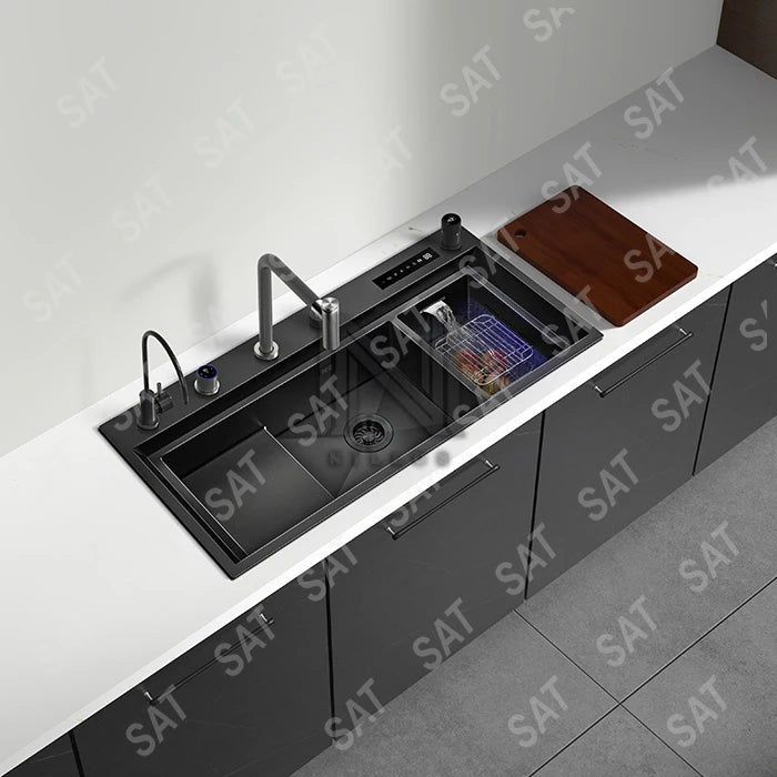 11550 Modern Big Stepped Design Durable Black Nano 304 Stainless Steel Touch Screen Panel Hidden Kitchen Sink With Dishwasher