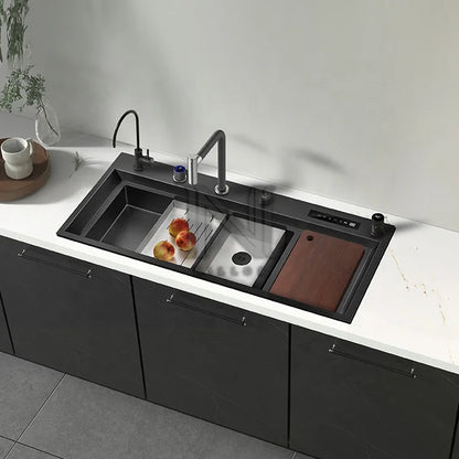 11550 Modern Big Stepped Design Durable Black Nano 304 Stainless Steel Touch Screen Panel Hidden Kitchen Sink With Dishwasher