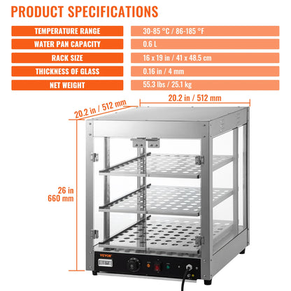 VEVOR 2/3 Tiers Countertop Food Warmer Commercial 3D Heating Pizza Pastry Warmer with Temp Knob Display Kitchen Appliance