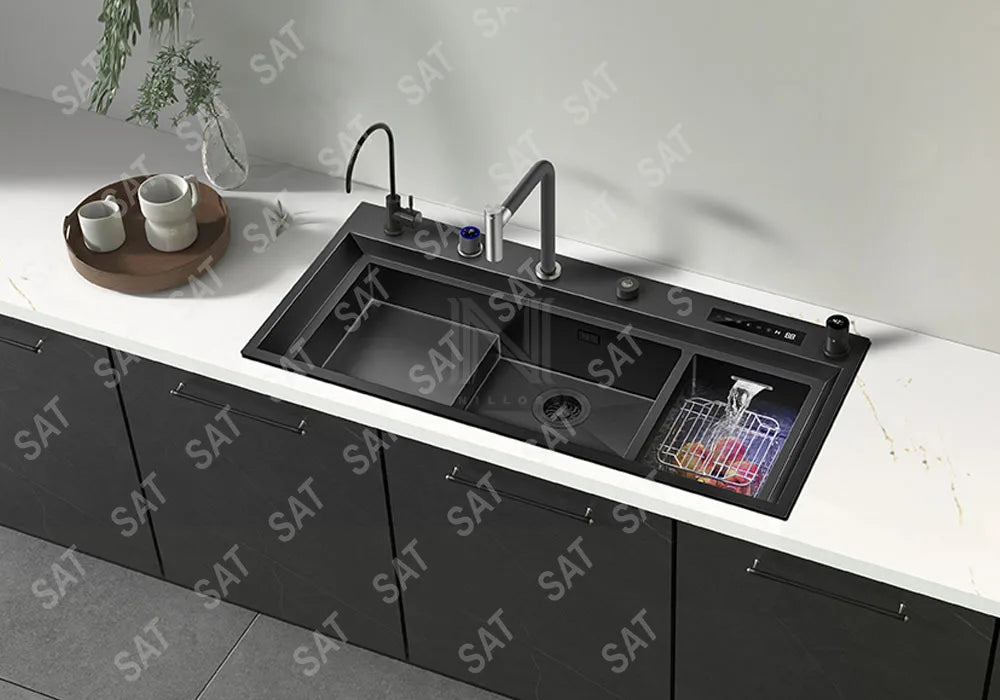 11550 Modern Big Stepped Design Durable Black Nano 304 Stainless Steel Touch Screen Panel Hidden Kitchen Sink With Dishwasher