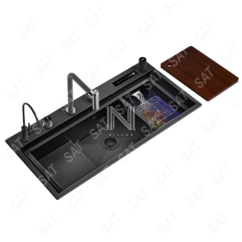 11550 Modern Big Stepped Design Durable Black Nano 304 Stainless Steel Touch Screen Panel Hidden Kitchen Sink With Dishwasher