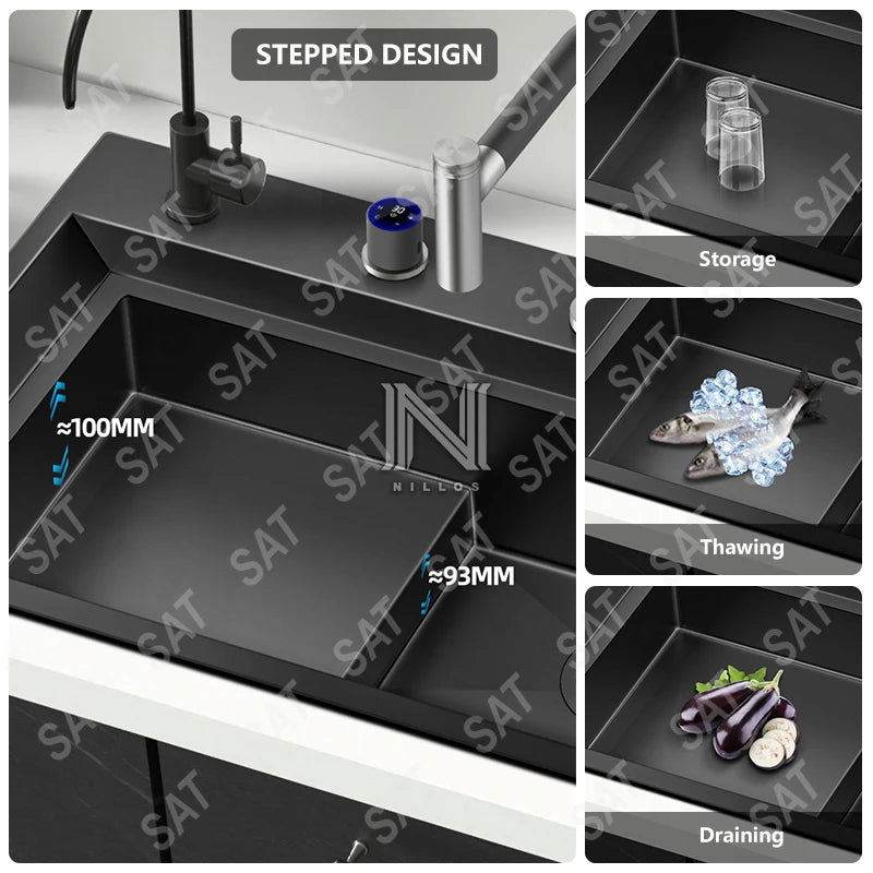 11550 Modern Big Stepped Design Durable Black Nano 304 Stainless Steel Touch Screen Panel Hidden Kitchen Sink With Dishwasher