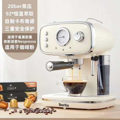 Home coffee machine. Kitchen appliance. Full semi-automatic espresso machine. Small ， all-in-one. Retro mini.