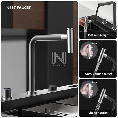 11550 Modern Big Stepped Design Durable Black Nano 304 Stainless Steel Touch Screen Panel Hidden Kitchen Sink With Dishwasher